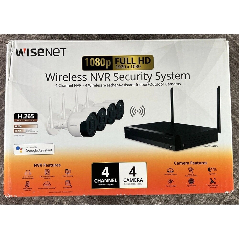 Wisenet NVR Security System SNK-B73047BW 1TB HD, 4 Bullet Cameras 1080p S2 NEW